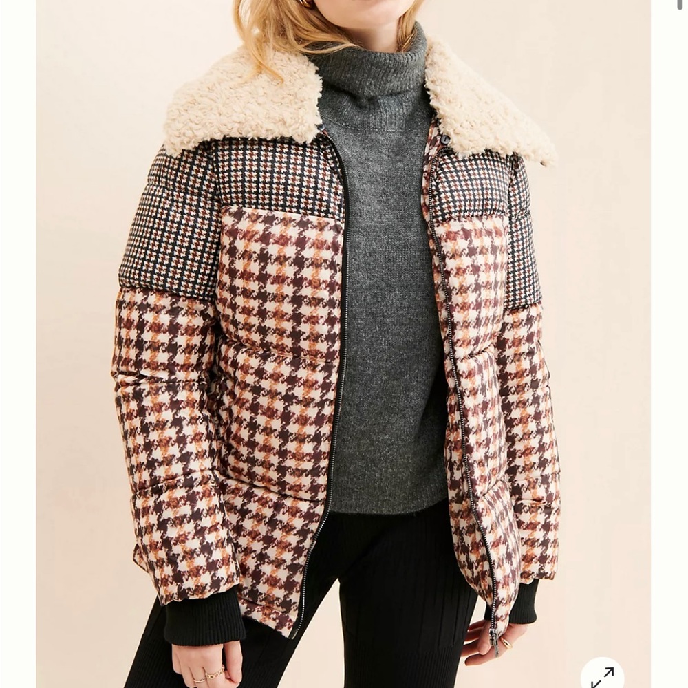 Bernardo Houndstooth Shearling Puffer Coat